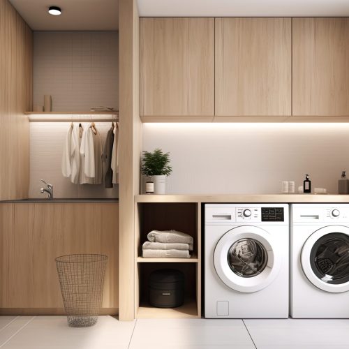 Modern clean laundry room with washing machine and dryer with sh